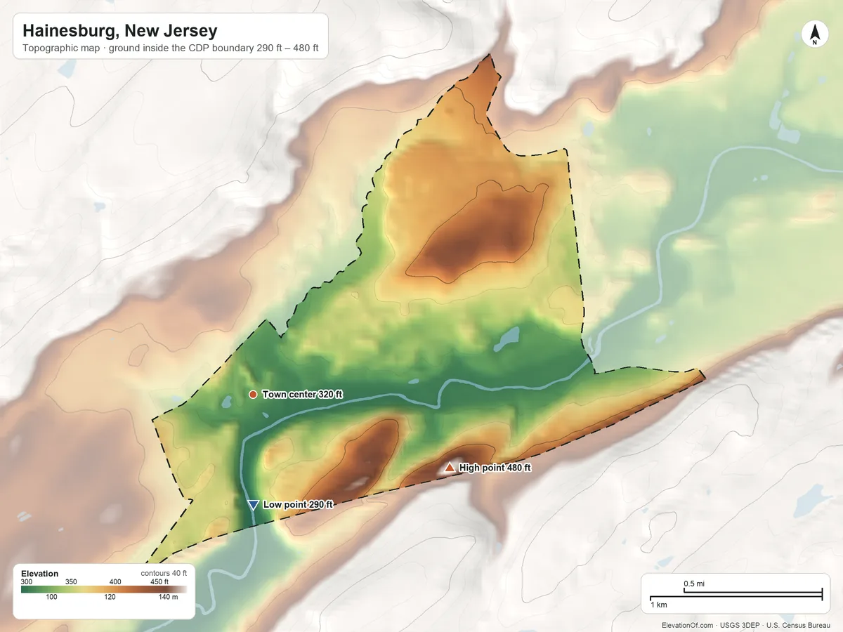 Topographic elevation map of Hainesburg, New Jersey, shaded from 290 ft on the south side to 480 ft on the east edge, below higher ground just outside