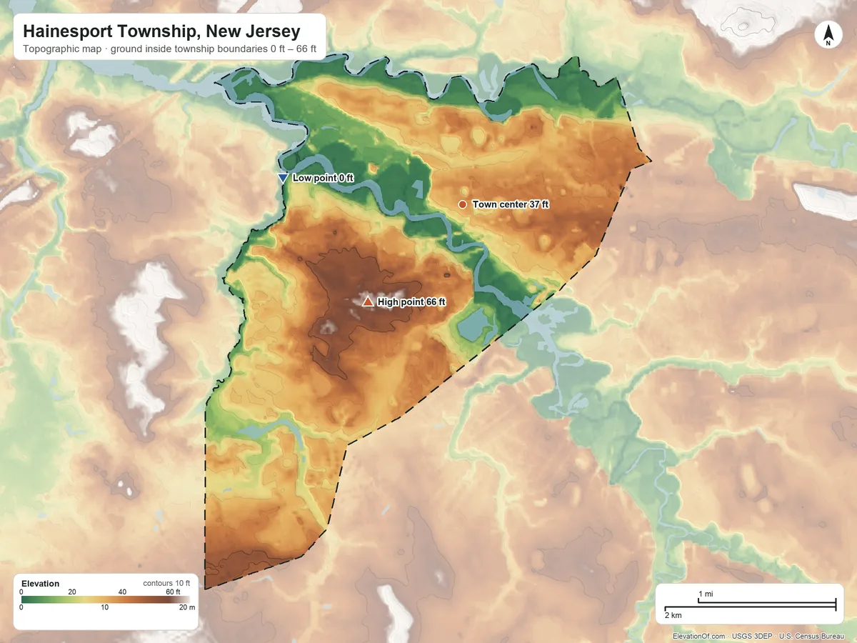 Topographic elevation map of Hainesport Township, New Jersey, shaded from 0 ft on the west side to 66 ft on the southwest side