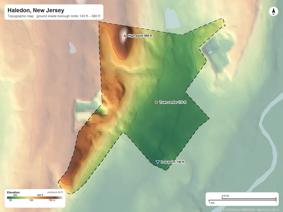 Topographic elevation map of Haledon, New Jersey, shaded from 140 ft on the south side to 580 ft on the northwest side
