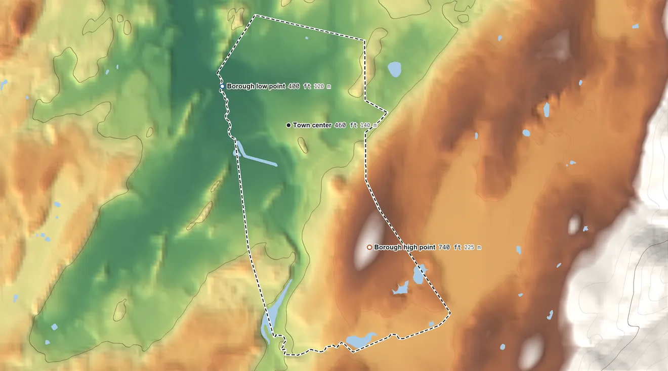 Topographic elevation map of Hamburg, New Jersey, shaded from 400 ft on the northwest side to 740 ft at the foot of the Hamburg Mountains