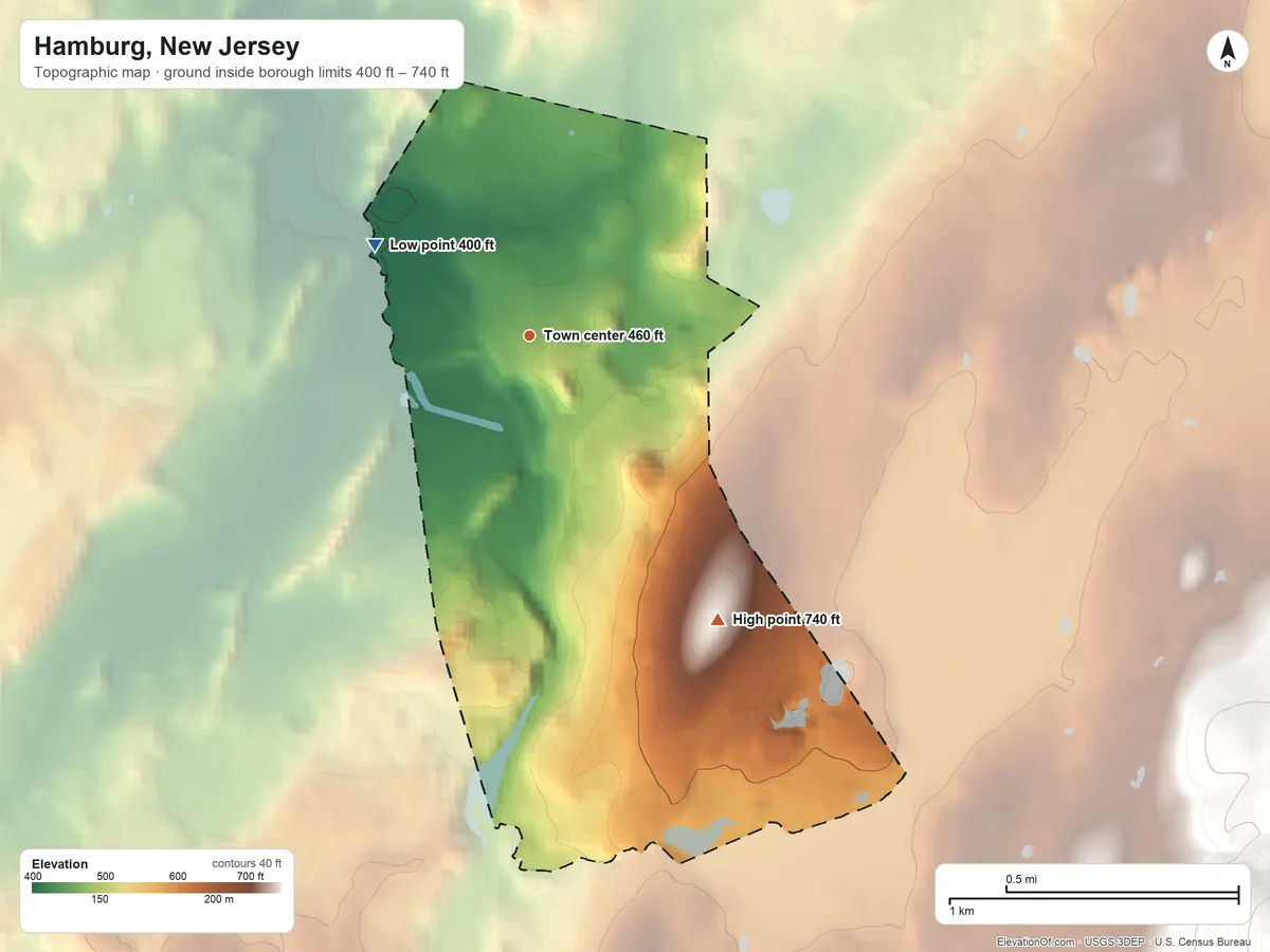 Topographic elevation map of Hamburg, New Jersey, shaded from 400 ft on the northwest side to 740 ft at the foot of the Hamburg Mountains
