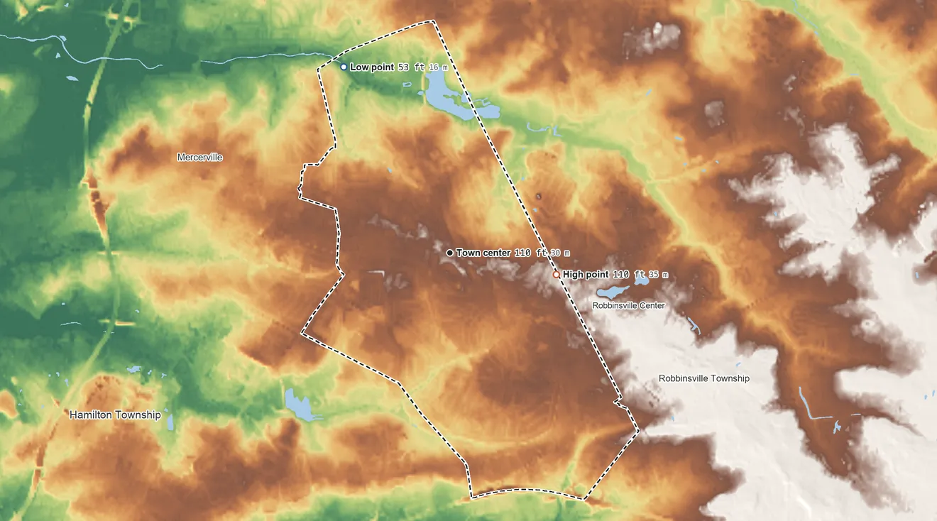 Topographic elevation map of Hamilton Square, New Jersey, shaded from 53 ft on the northwest side to 110 ft on the east side