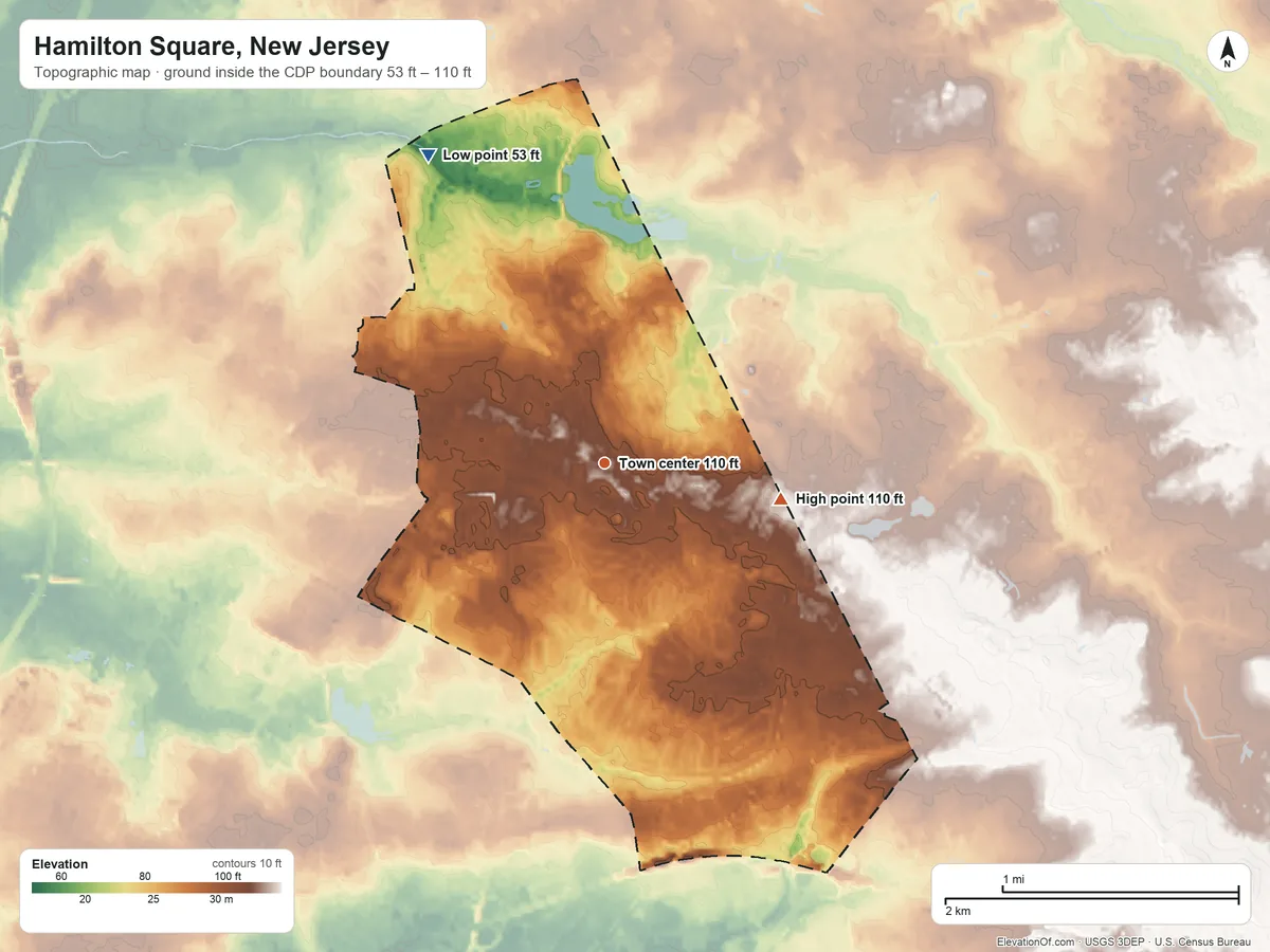 Topographic elevation map of Hamilton Square, New Jersey, shaded from 53 ft on the northwest side to 110 ft on the east side