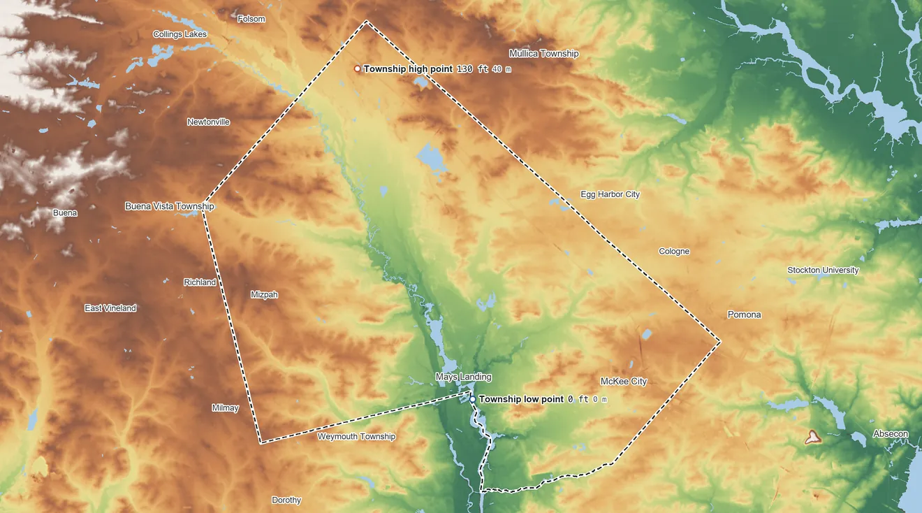 Topographic elevation map of Hamilton Township, Atlantic County, New Jersey, shaded from 0 ft on the southwest side to 130 ft on the northwest side