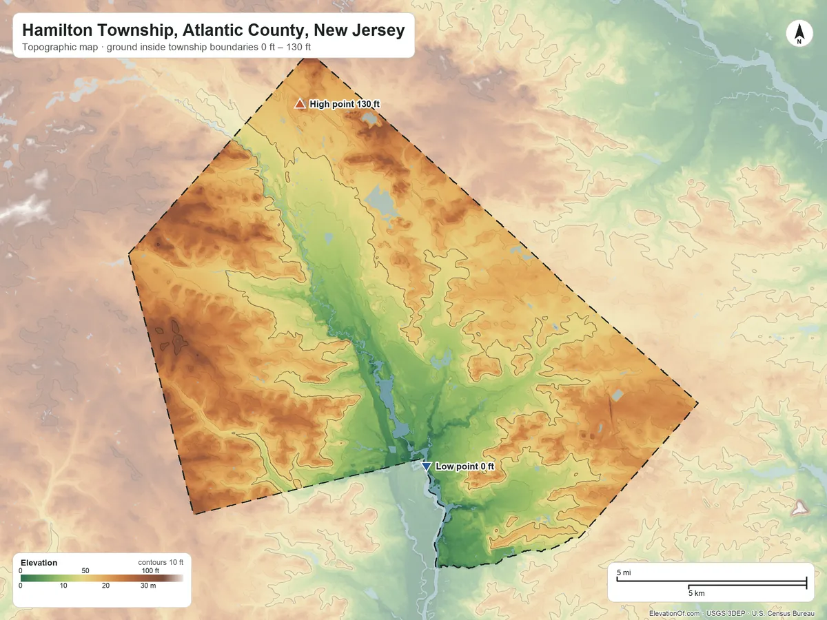 Topographic elevation map of Hamilton Township, Atlantic County, New Jersey, shaded from 0 ft on the southwest side to 130 ft on the northwest side