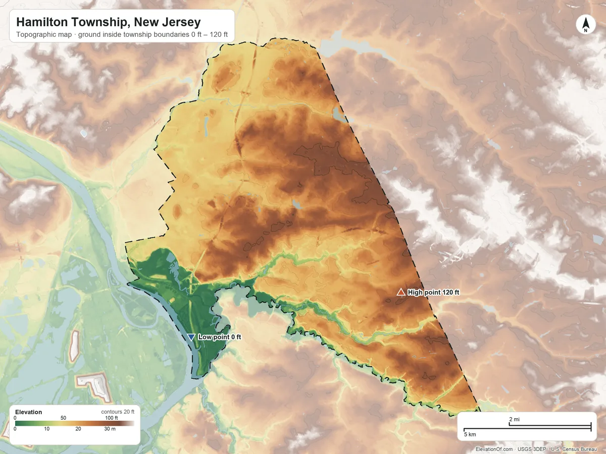 Topographic elevation map of Hamilton Township, New Jersey, shaded from 0 ft on the south side to 120 ft on the southeast side