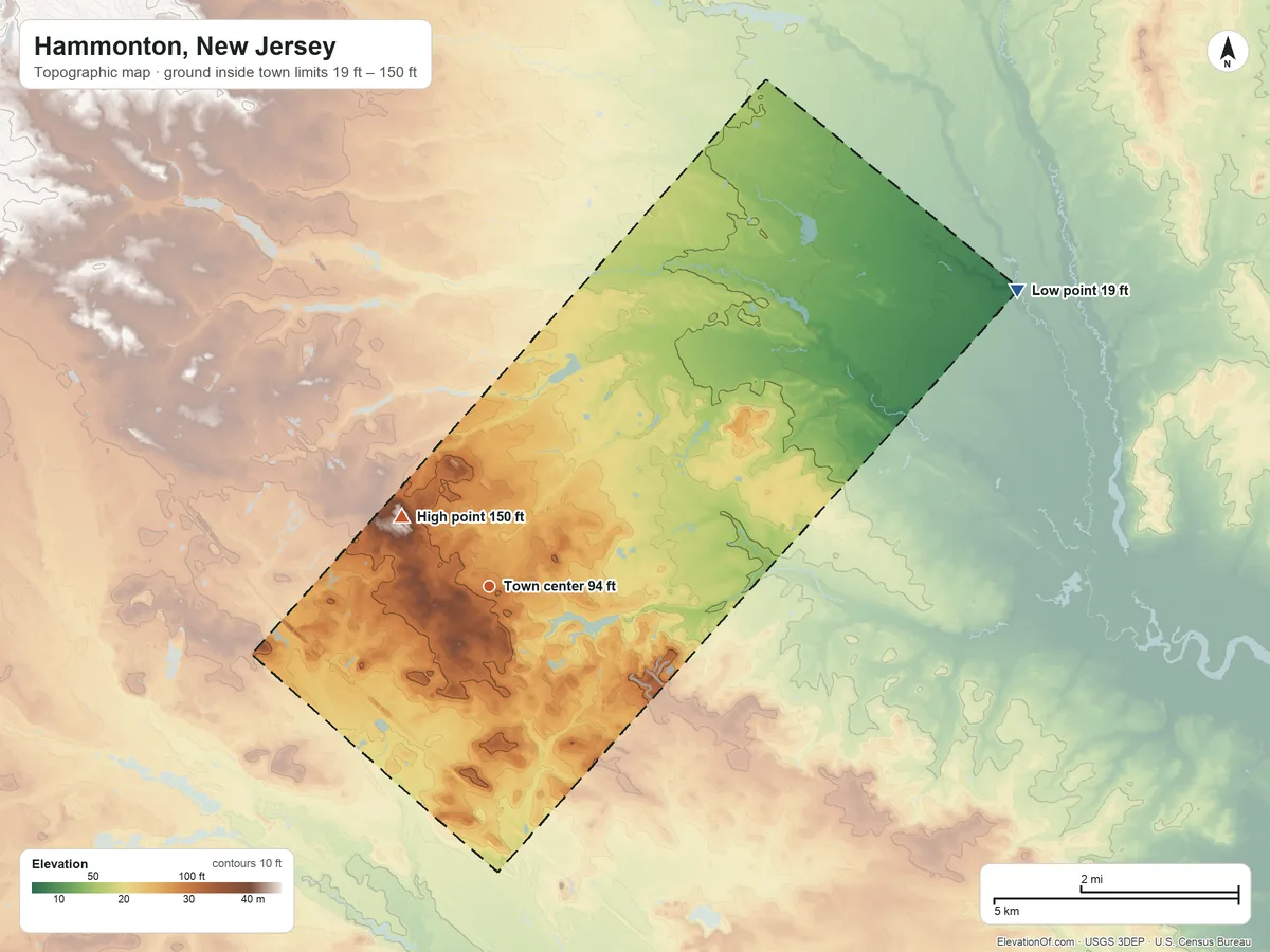Topographic elevation map of Hammonton, New Jersey, shaded from 19 ft on the northeast side to 150 ft on the northwest side