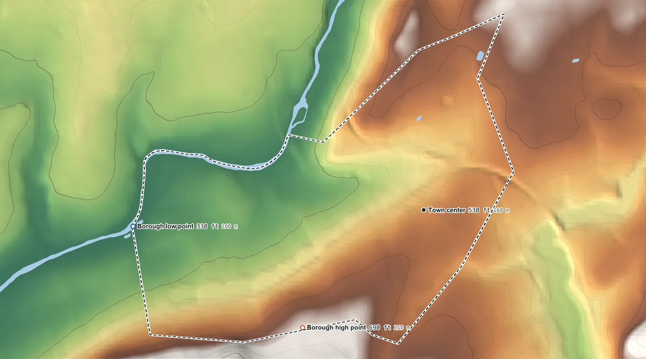 Topographic elevation map of Hampton, New Jersey, shaded from 330 ft on the west side to 690 ft on the southwest side