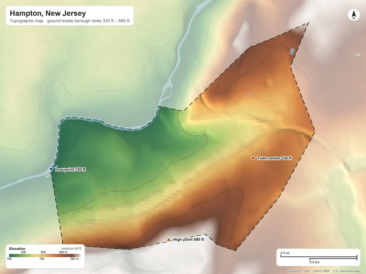 Topographic elevation map of Hampton, New Jersey, shaded from 330 ft on the west side to 690 ft on the southwest side