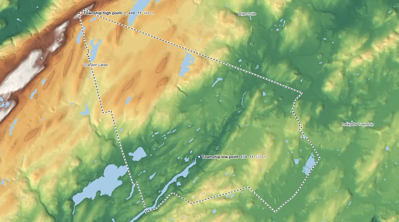 Topographic elevation map of Hampton Township, New Jersey, shaded from 450 ft on the southwest side to 1,440 ft on the northwest side