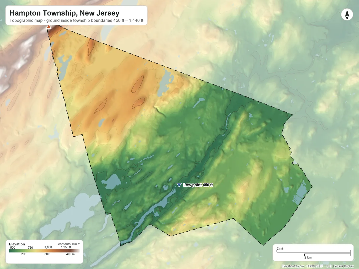 Topographic elevation map of Hampton Township, New Jersey, shaded from 450 ft on the southwest side to 1,440 ft on the northwest side