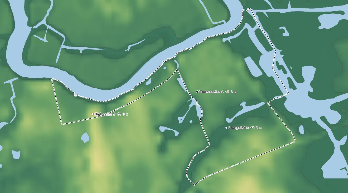 Topographic elevation map of Hancocks Bridge, New Jersey, shaded from 0 ft on the southeast side to 9 ft on the west side