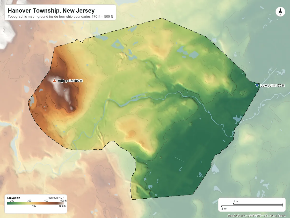 Topographic elevation map of Hanover Township, New Jersey, shaded from 170 ft on the east side to 500 ft on the west edge, below higher ground just outside