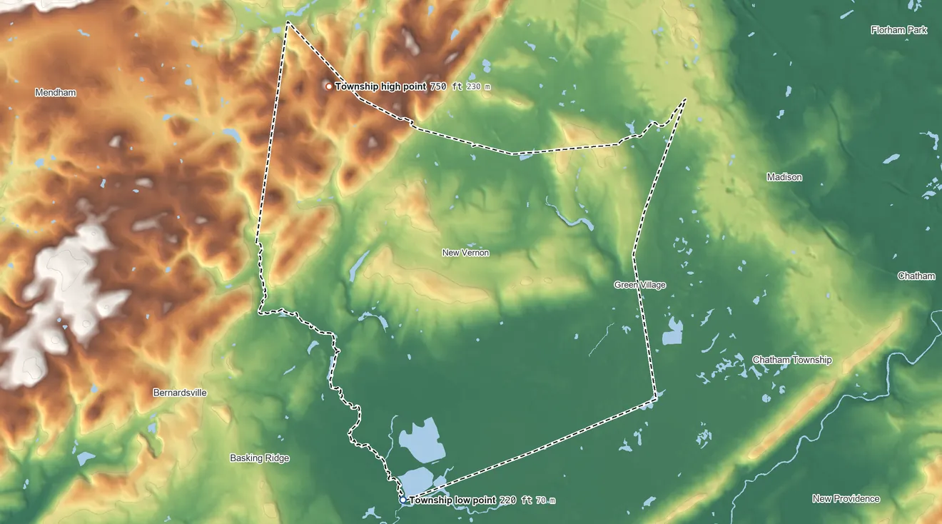 Topographic elevation map of Harding Township, New Jersey, shaded from 220 ft on the south side to 750 ft on Sugar Loaf