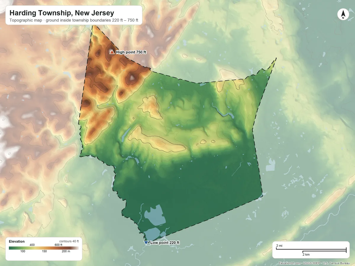 Topographic elevation map of Harding Township, New Jersey, shaded from 220 ft on the south side to 750 ft on Sugar Loaf