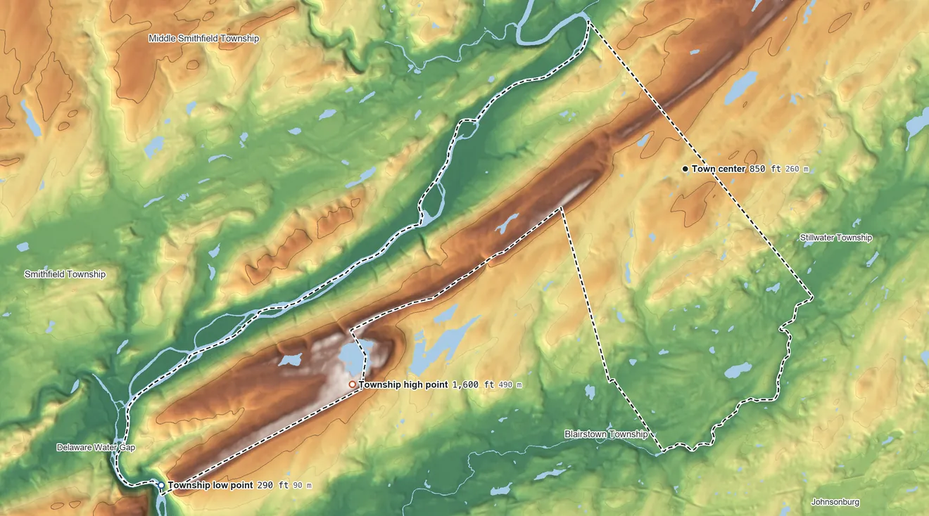 Topographic elevation map of Hardwick Township, New Jersey, shaded from 290 ft on the southwest side to 1,600 ft on the southwest side
