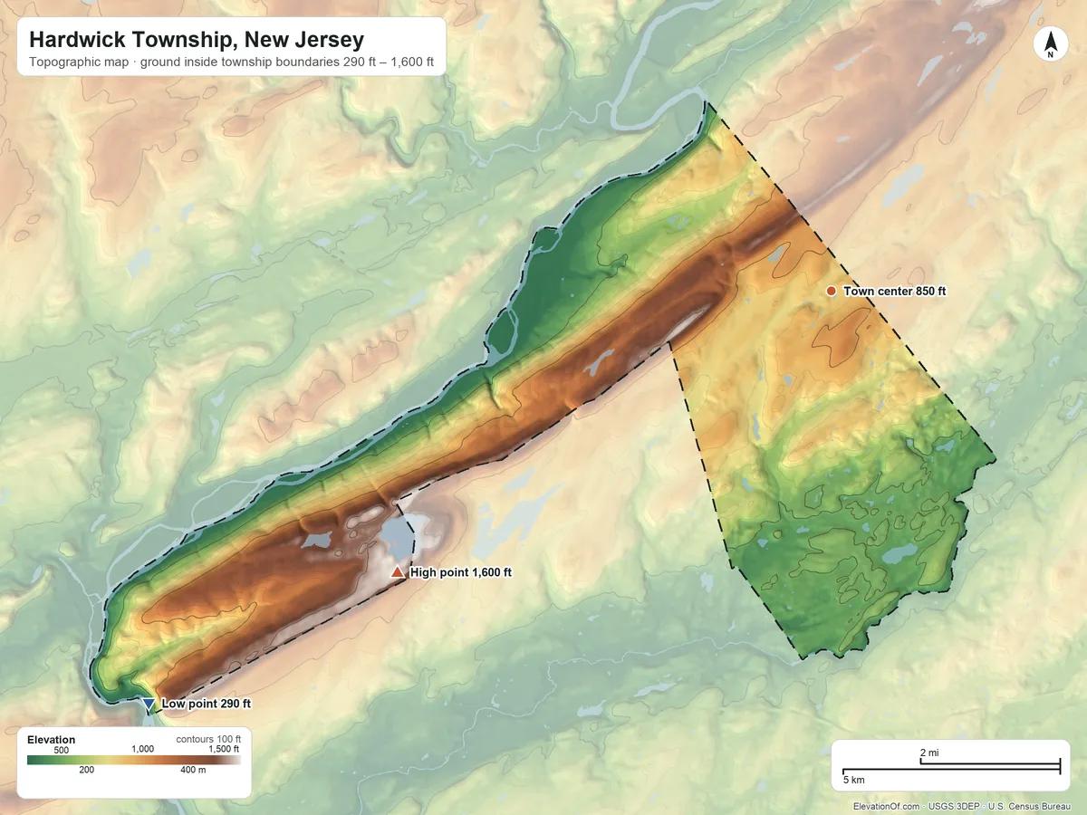 Topographic elevation map of Hardwick Township, New Jersey, shaded from 290 ft on the southwest side to 1,600 ft on the southwest side