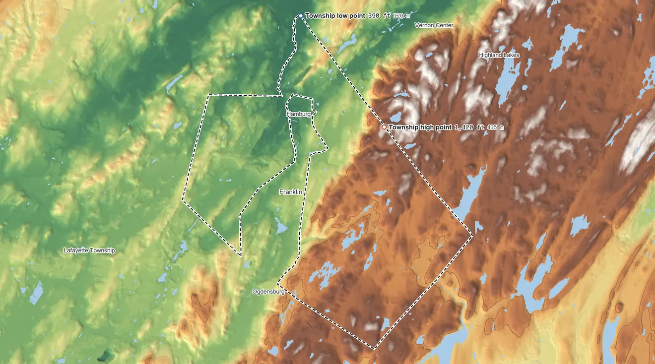 Topographic elevation map of Hardyston Township, New Jersey, shaded from 390 ft on the north side to 1,420 ft on the northeast side
