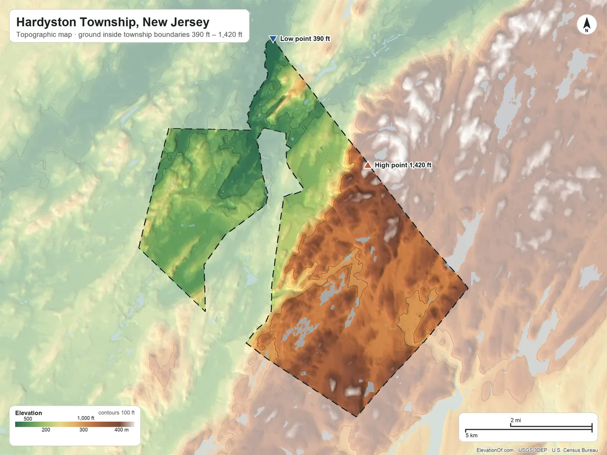 Topographic elevation map of Hardyston Township, New Jersey, shaded from 390 ft on the north side to 1,420 ft on the northeast side
