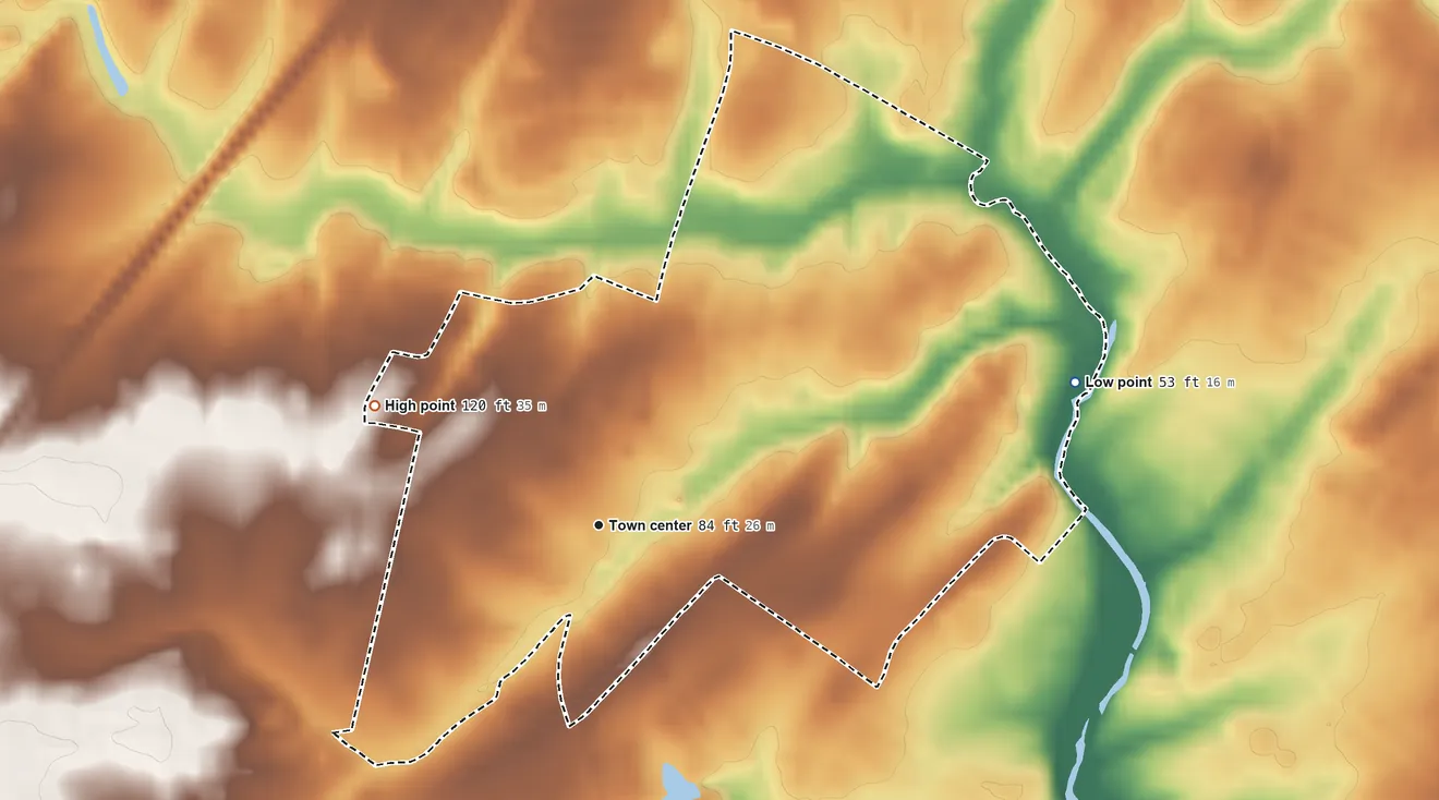 Topographic elevation map of Harlingen, New Jersey, shaded from 53 ft on the east side to 120 ft on the northwest side