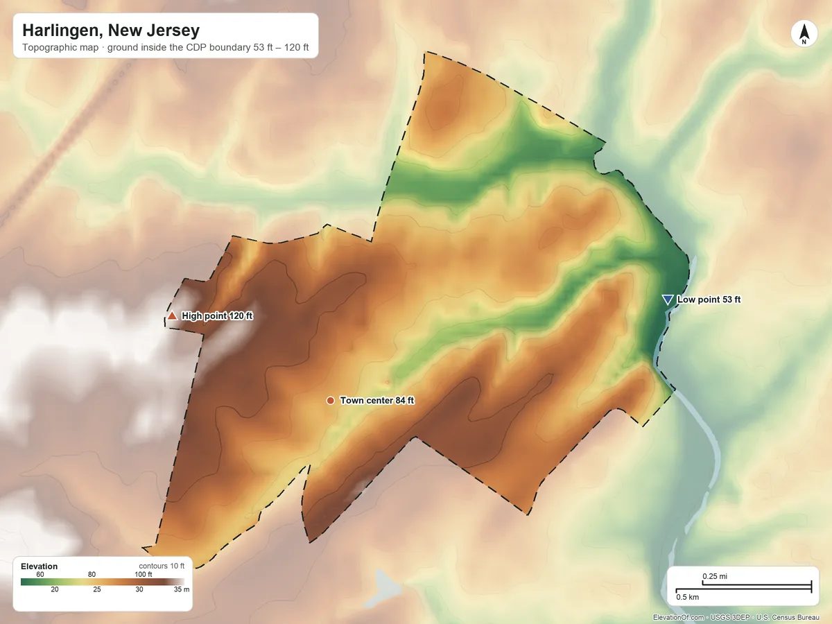 Topographic elevation map of Harlingen, New Jersey, shaded from 53 ft on the east side to 120 ft on the northwest side