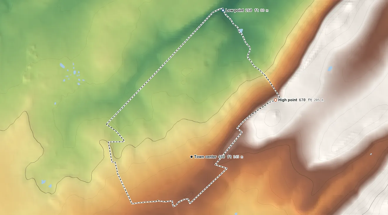 Topographic elevation map of Harmony, New Jersey, shaded from 260 ft on the north side to 670 ft on the northeast edge, below higher ground just outside