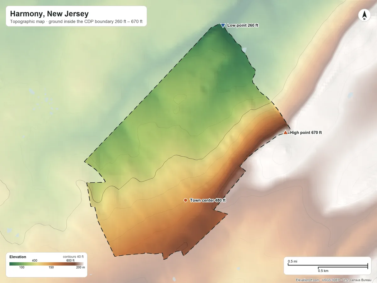 Topographic elevation map of Harmony, New Jersey, shaded from 260 ft on the north side to 670 ft on the northeast edge, below higher ground just outside