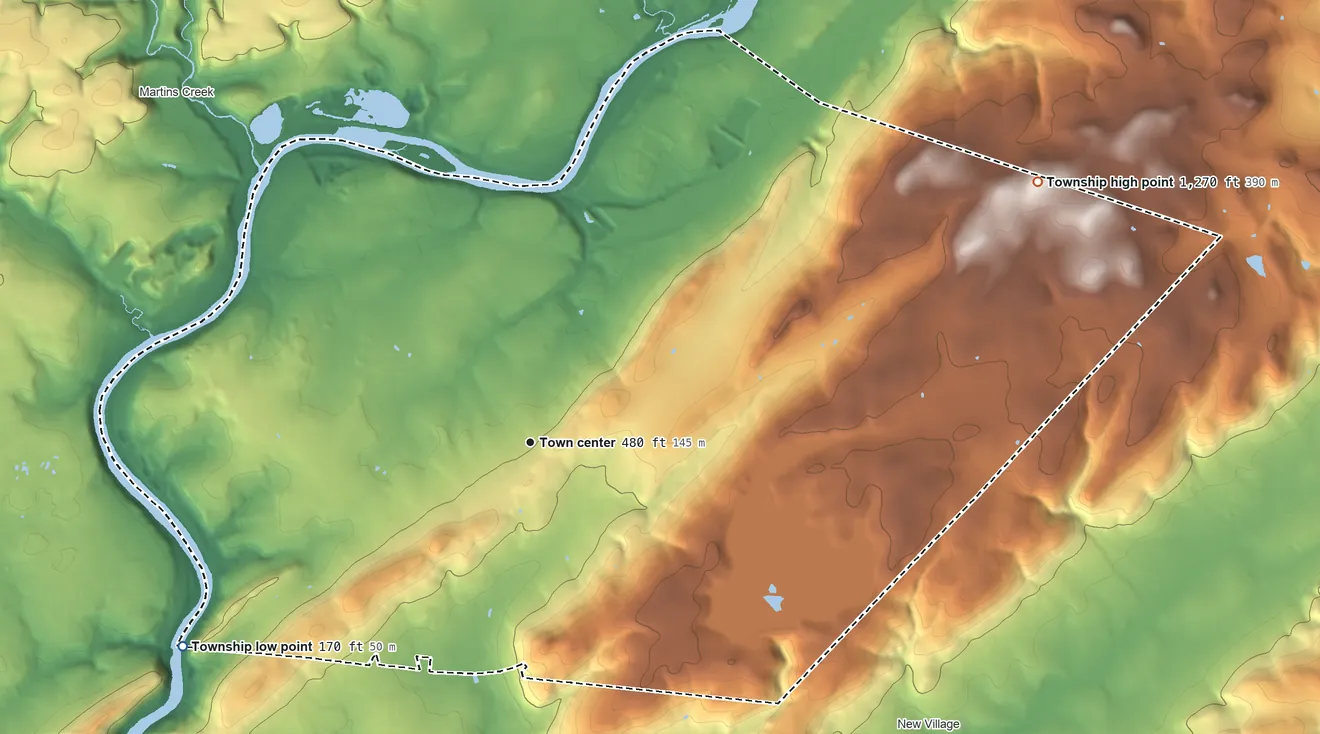 Topographic elevation map of Harmony Township, New Jersey, shaded from 170 ft on the southwest side to 1,270 ft on Scotts Mountain