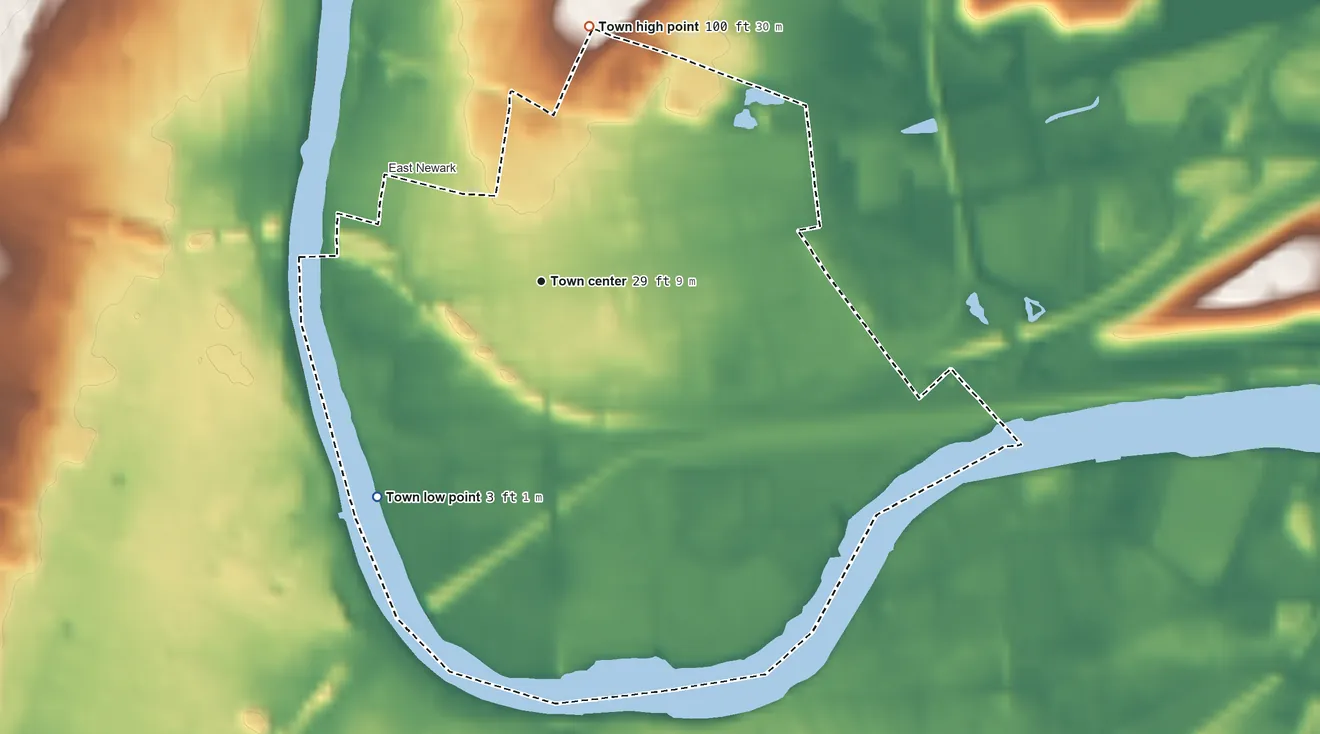 Topographic elevation map of Harrison, New Jersey, shaded from 3 ft on the southwest side to 100 ft on the north side