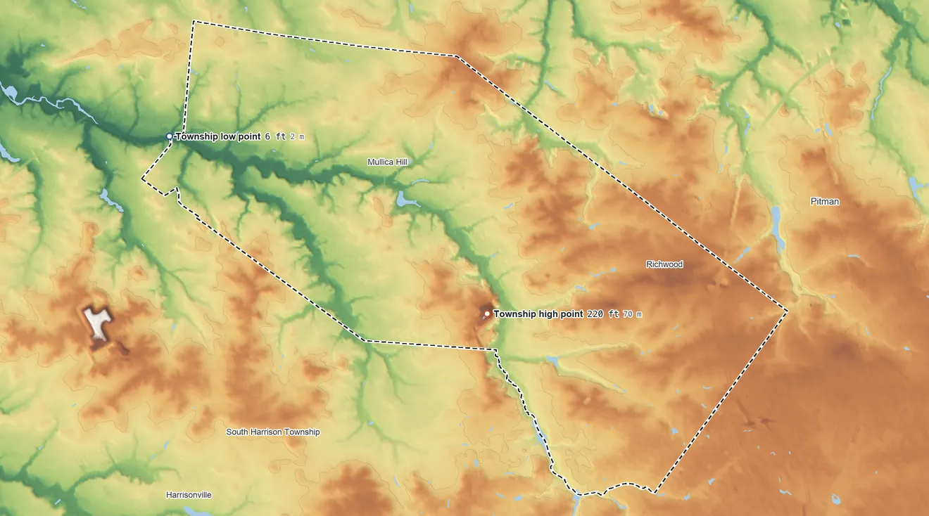 Topographic elevation map of Harrison Township, New Jersey, shaded from 6 ft on the west side to 220 ft on the southeast side