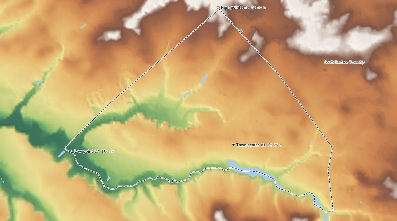 Topographic elevation map of Harrisonville, New Jersey, shaded from 27 ft on the west side to 140 ft on the north side