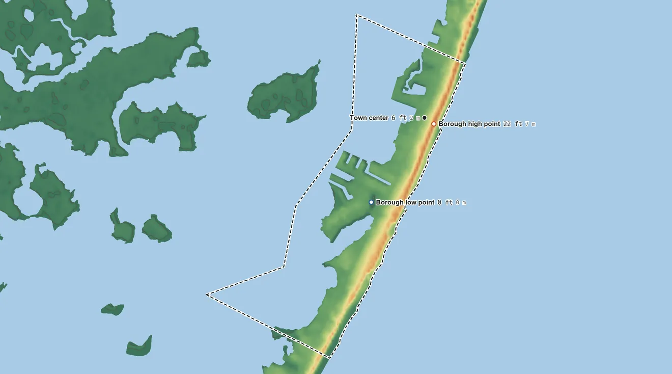 Topographic elevation map of Harvey Cedars, New Jersey, shaded from sea level level on Barnegat Bay to 22 ft near the middle
