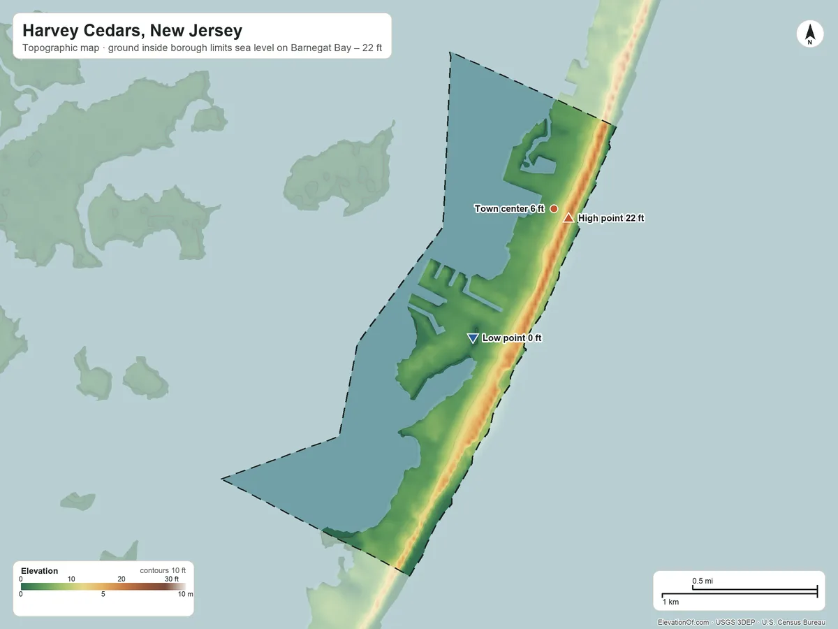 Topographic elevation map of Harvey Cedars, New Jersey, shaded from sea level level on Barnegat Bay to 22 ft near the middle