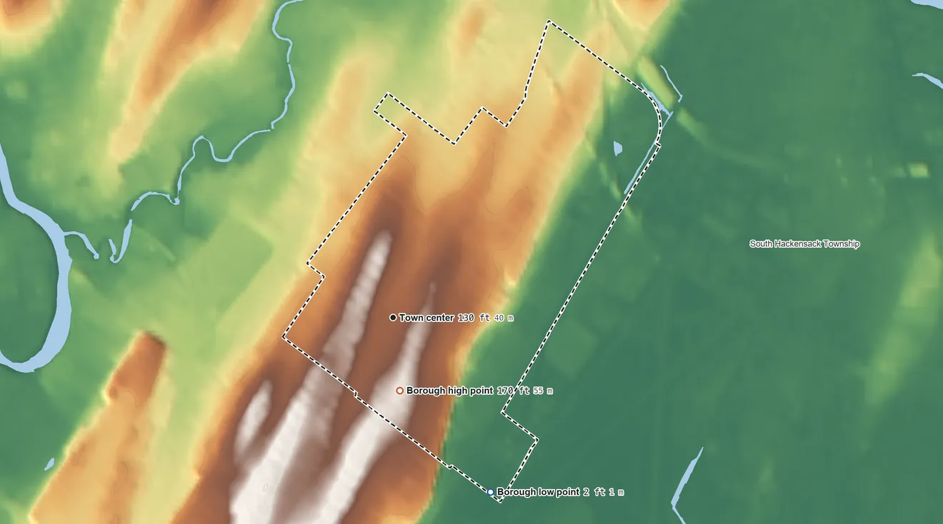Topographic elevation map of Hasbrouck Heights, New Jersey, shaded from 2 ft on the southeast side to 170 ft on the south side
