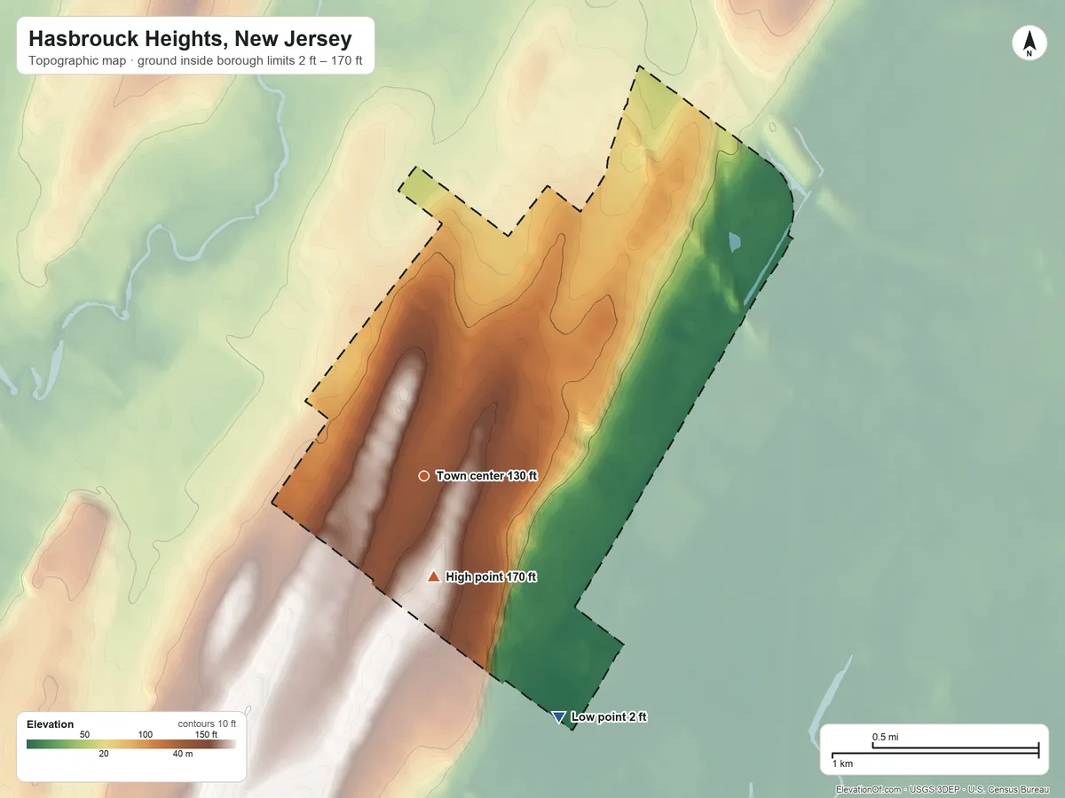 Topographic elevation map of Hasbrouck Heights, New Jersey, shaded from 2 ft on the southeast side to 170 ft on the south side