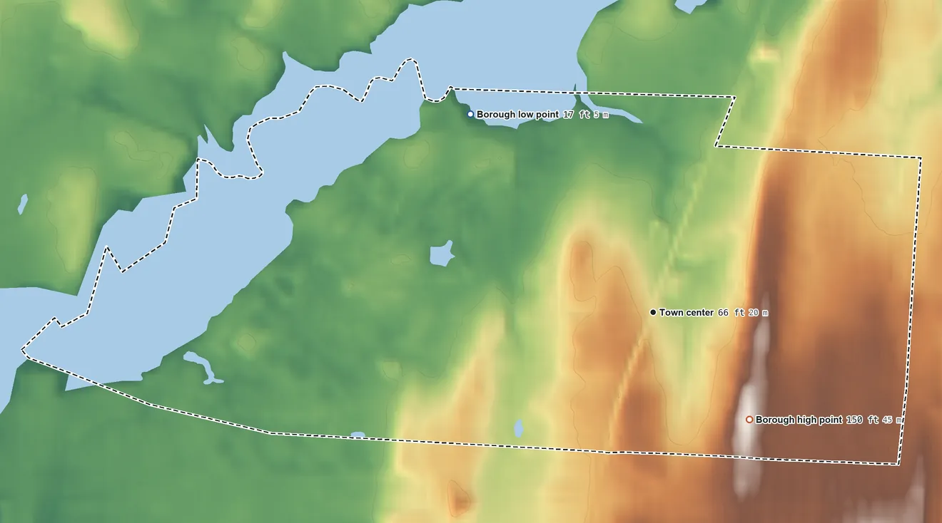 Topographic elevation map of Haworth, New Jersey, shaded from 17 ft on the northwest side to 150 ft on the southeast side