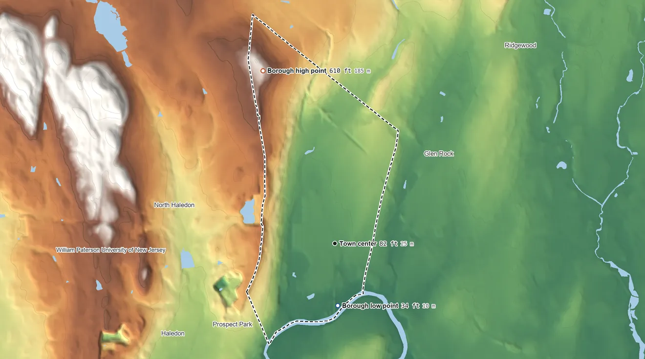 Topographic elevation map of Hawthorne, New Jersey, shaded from 34 ft on the south side to 610 ft on the northwest side