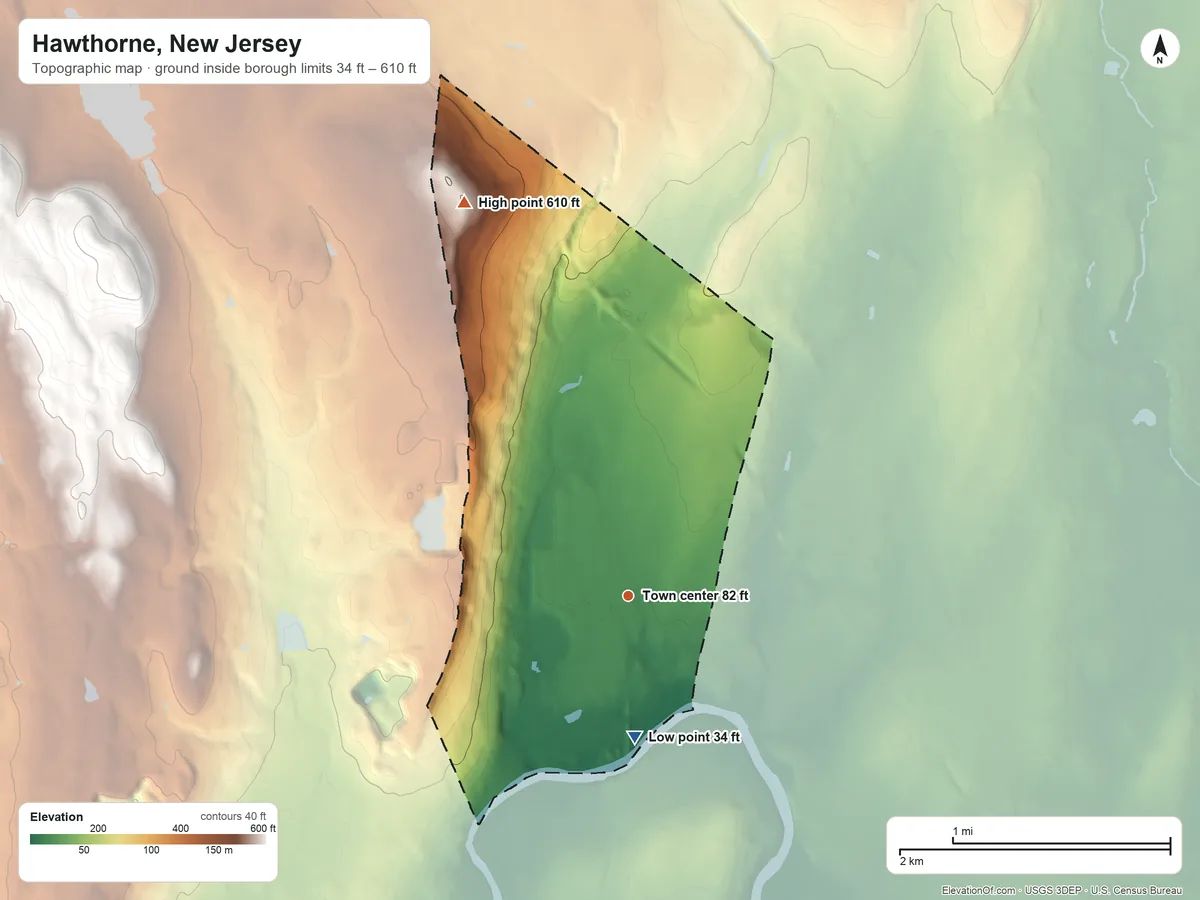Topographic elevation map of Hawthorne, New Jersey, shaded from 34 ft on the south side to 610 ft on the northwest side