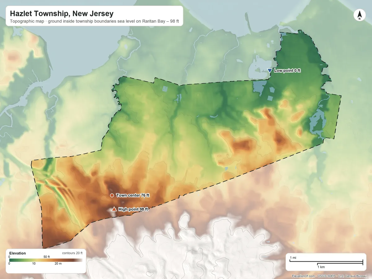 Topographic elevation map of Hazlet Township, New Jersey, shaded from sea level level on Raritan Bay to 98 ft near the middle
