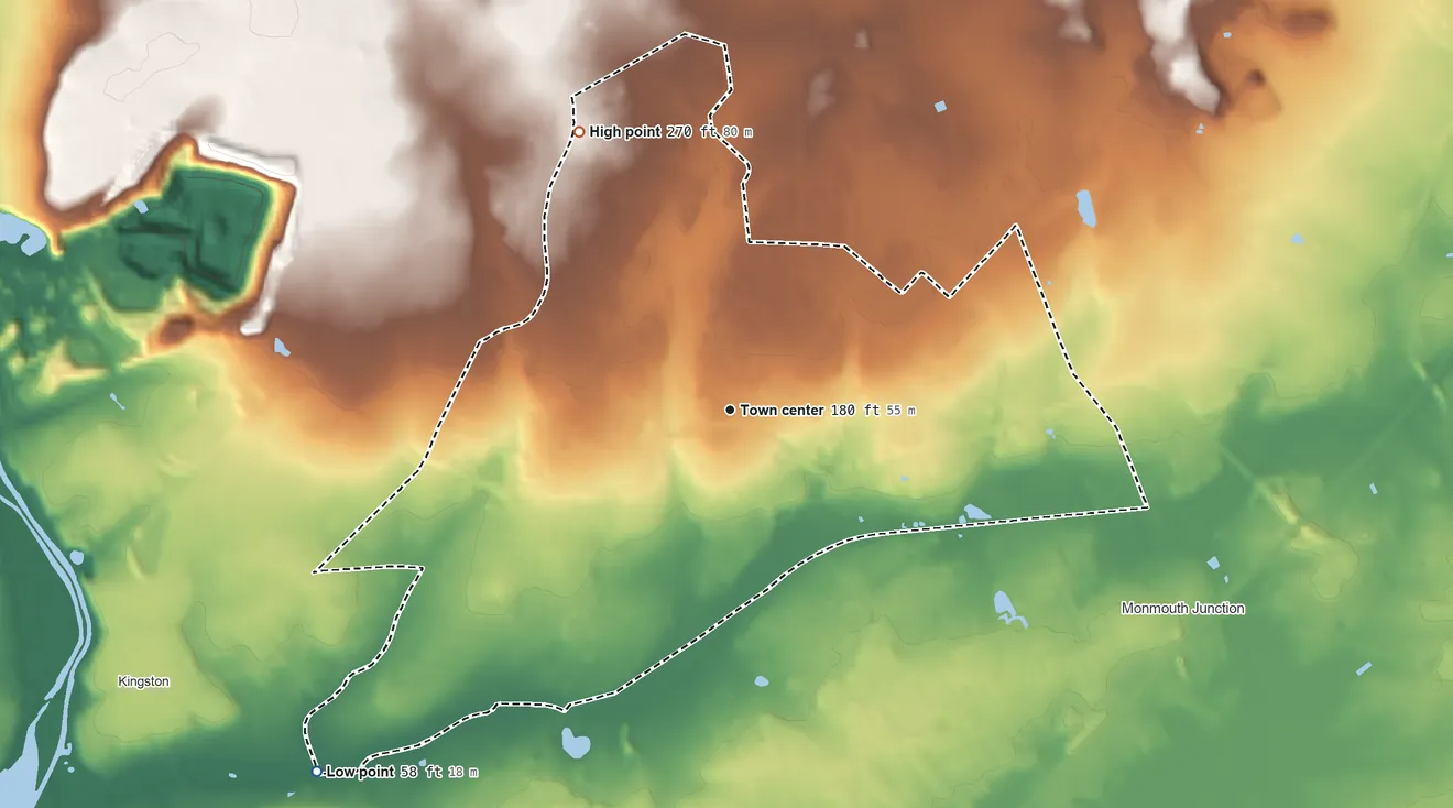 Topographic elevation map of Heathcote, New Jersey, shaded from 58 ft on the southwest side to 270 ft on the northwest side