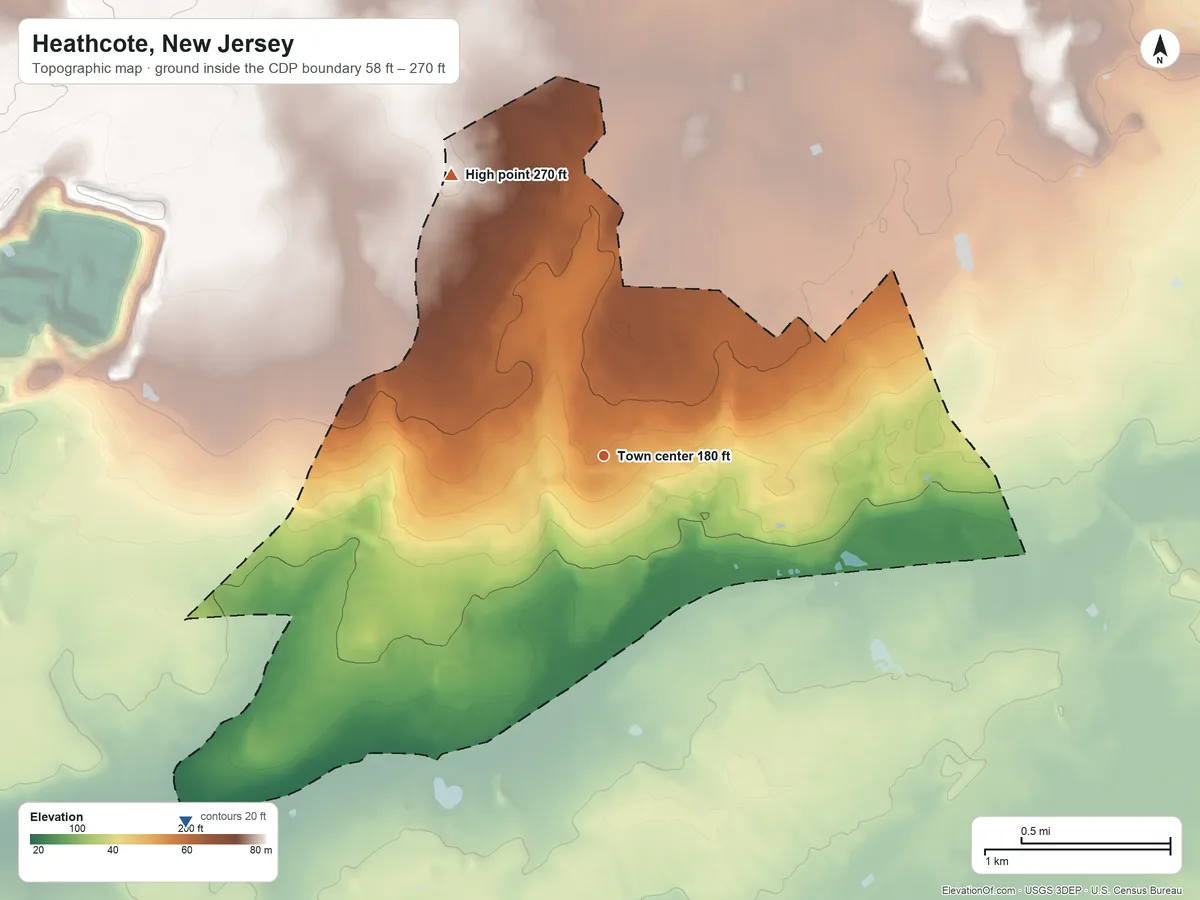 Topographic elevation map of Heathcote, New Jersey, shaded from 58 ft on the southwest side to 270 ft on the northwest side