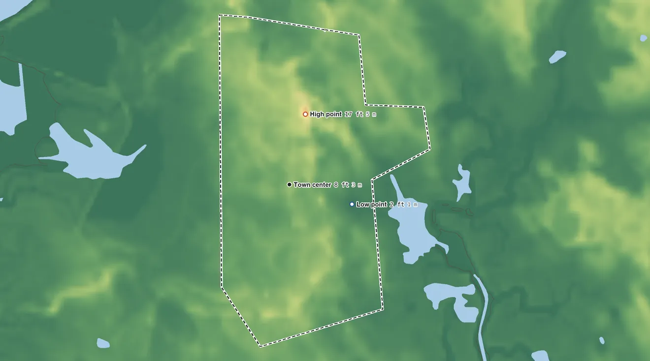 Topographic elevation map of Heislerville, New Jersey, shaded from 2 ft on the east side to 17 ft on the north side