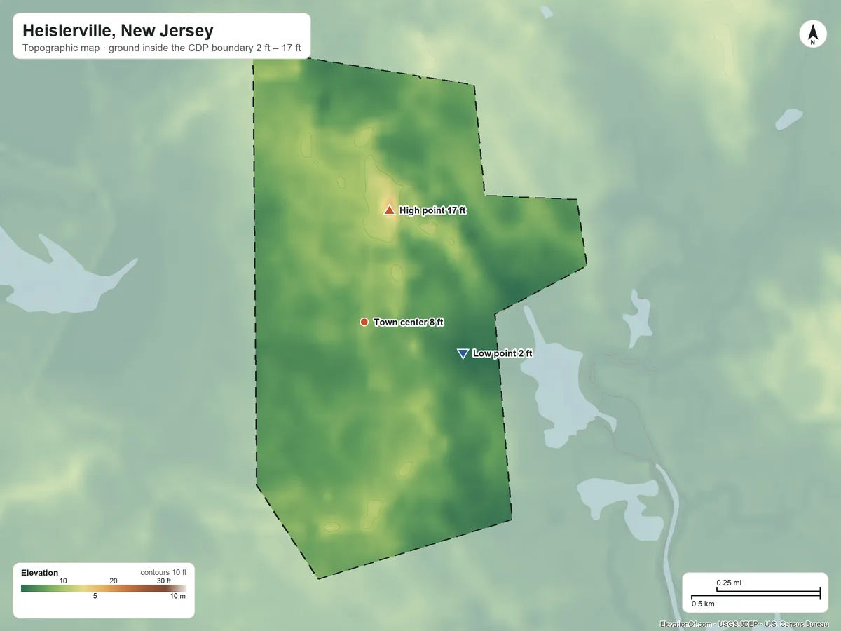 Topographic elevation map of Heislerville, New Jersey, shaded from 2 ft on the east side to 17 ft on the north side