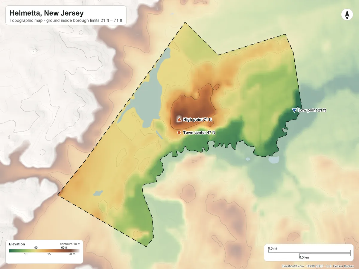 Topographic elevation map of Helmetta, New Jersey, shaded from 21 ft on the east side to 71 ft near the middle