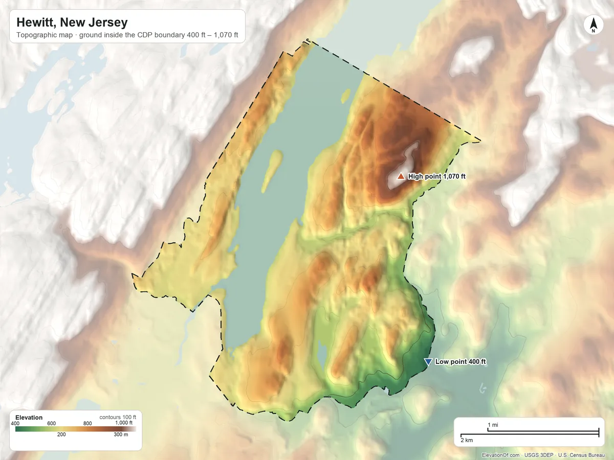Topographic elevation map of Hewitt, New Jersey, shaded from 400 ft on the southeast side to 1,070 ft on the northeast side