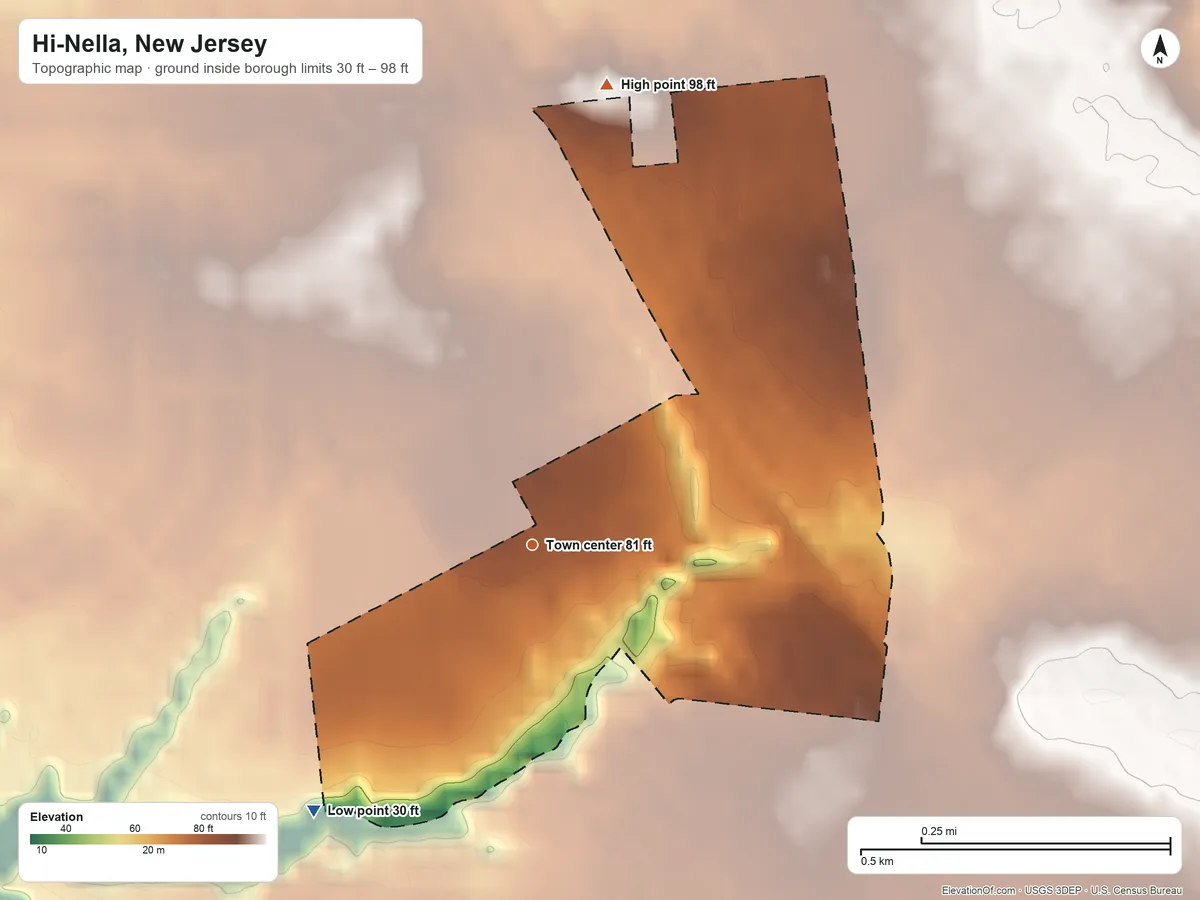 Topographic elevation map of Hi-Nella, New Jersey, shaded from 30 ft on the southwest side to 98 ft on the north side
