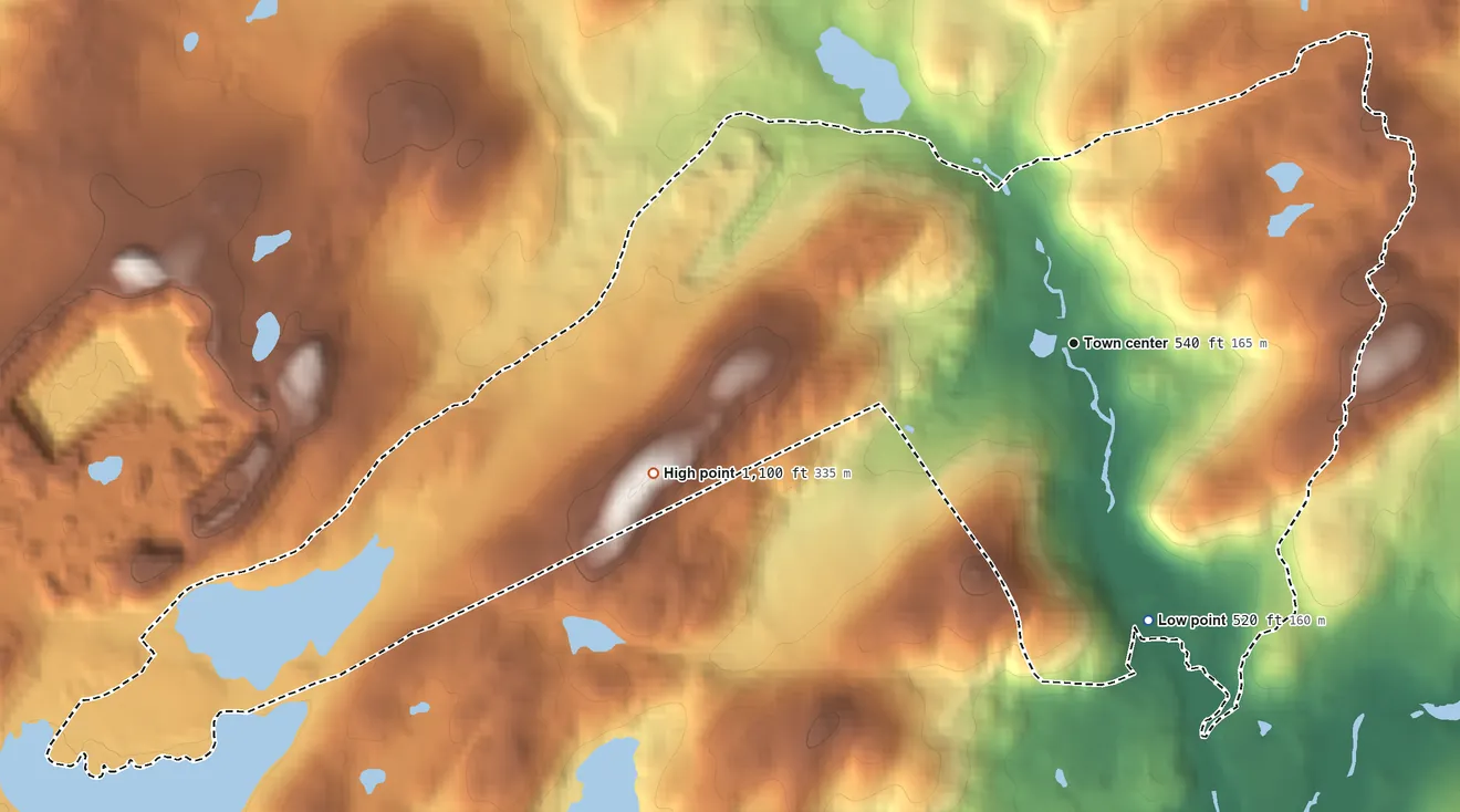 Topographic elevation map of Hibernia, New Jersey, shaded from 520 ft on the south side to 1,100 ft on the west side