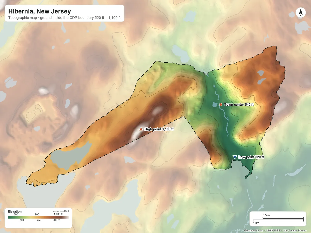 Topographic elevation map of Hibernia, New Jersey, shaded from 520 ft on the south side to 1,100 ft on the west side