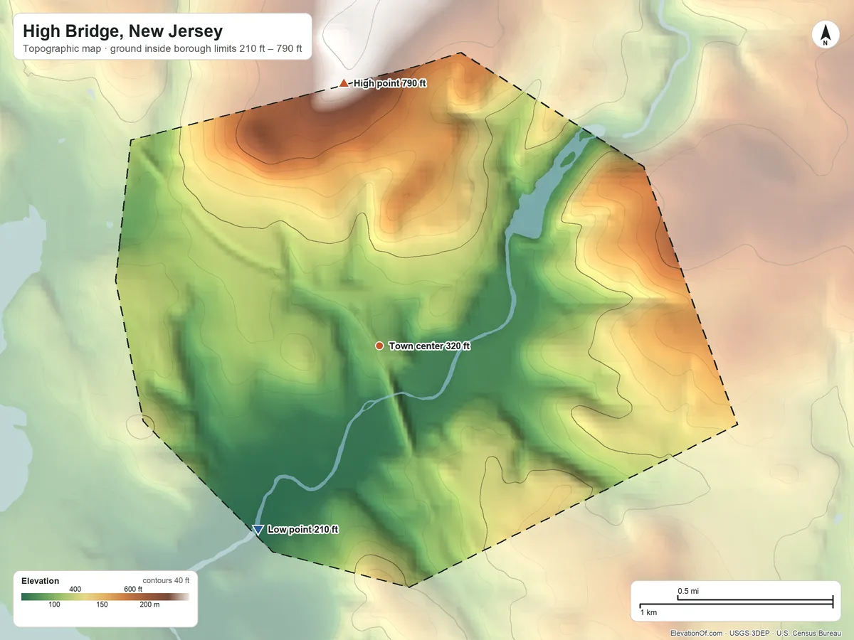Topographic elevation map of High Bridge, New Jersey, shaded from 210 ft on the southwest side to 790 ft on the north side