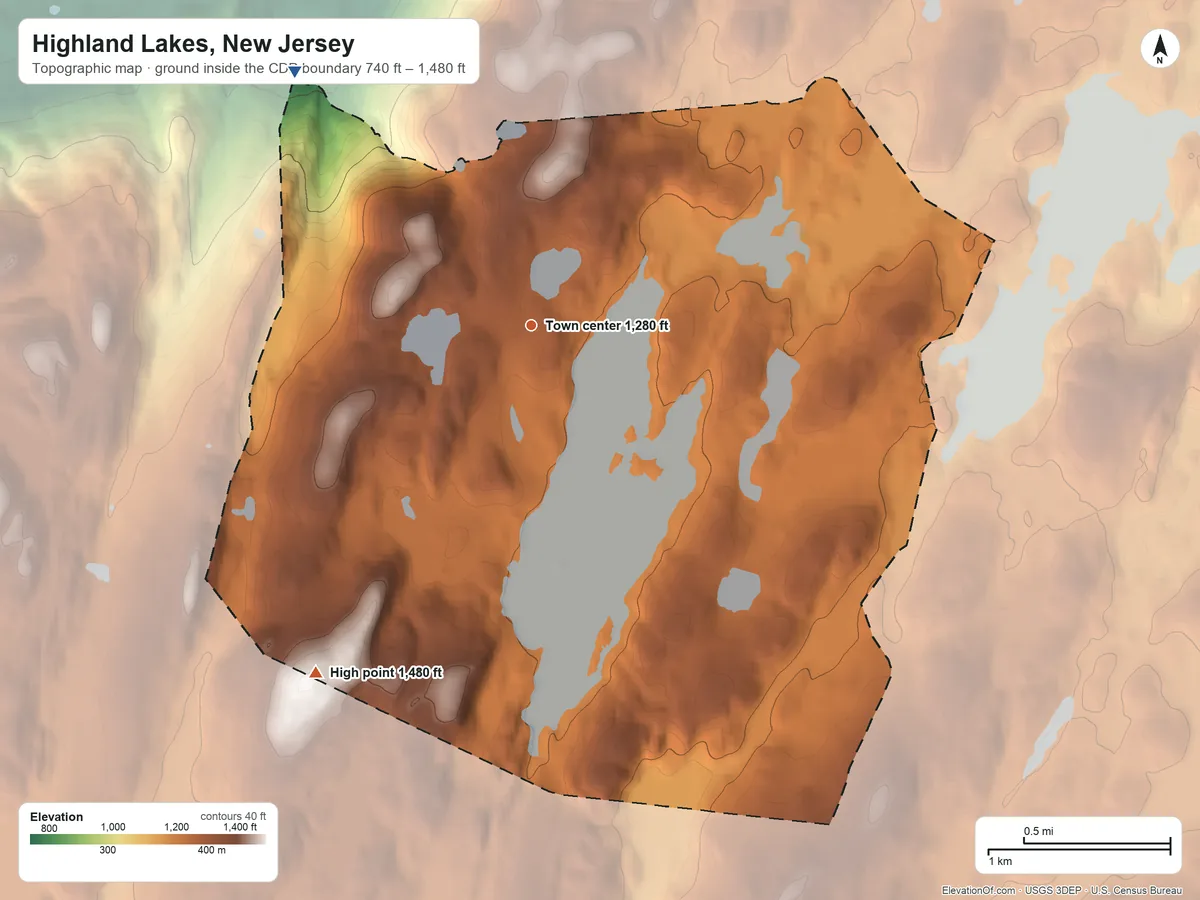 Topographic elevation map of Highland Lakes, New Jersey, shaded from 740 ft on the northwest side to 1,480 ft on the southwest side
